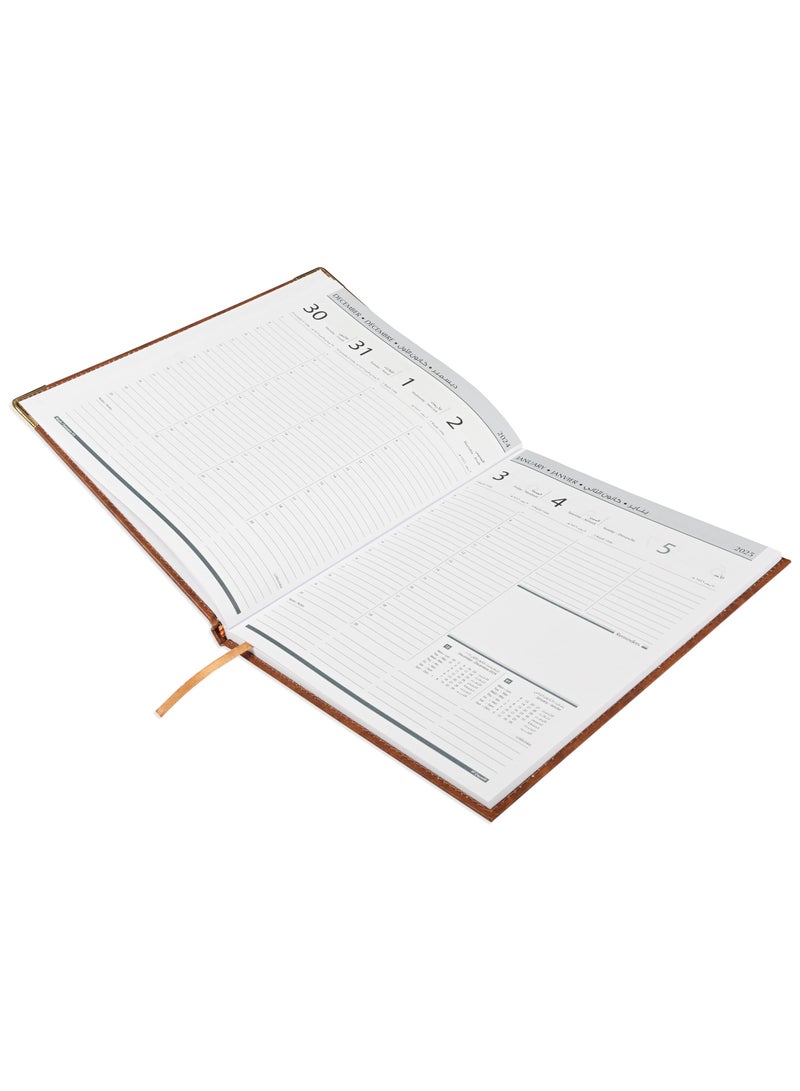 FIS 2025 Executive Diary  Arabic/English/French Vinyl Padded Sewn Cover (1-Week at a Glance) Brown - FSDI35AE25BR - Image 2