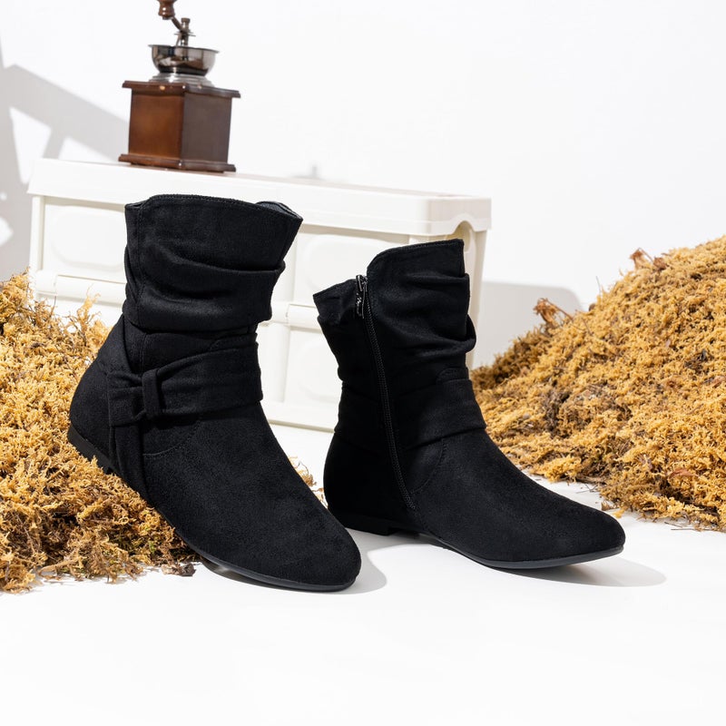 Vepose Womenâ€™s Slouch Ankle Flat Boots, Black Suede Short Low Heel Zipper 939A Booties, Size 6.5M US, (CJY939A Black 06.5) - Image 3