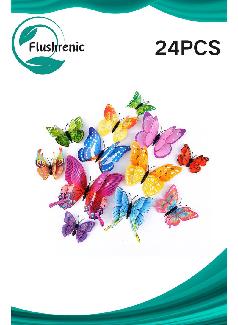 فلوشرينيك 24 قطعة من ملصقات الحائط ثلاثية الأبعاد على شكل فراشة، ملصقات حائط زخرفية ثلاثية الأبعاد على شكل فراشة، متعددة الألوان لتزيين الحفلات المغناطيسية، لتزيين أعياد الميلاد، تزيين الحفلات، تزيين الكعك، ملصقات قابلة للإزالة (ملونة - Image 1