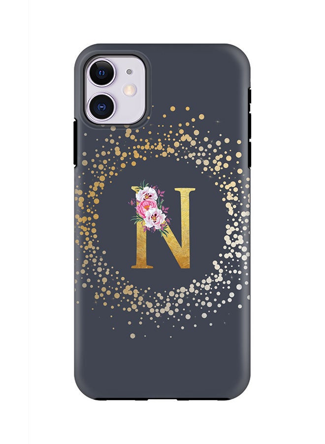 Stylizedd Monogram Tough Cover for Apple iPhone 11 Case Custom Initials Letter Floral Pattern Tough Pro Dual Layer hybrid PC inner TPU protection Alphabet- N (Grey) - Image 1