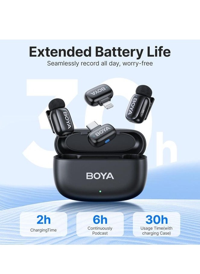 بويا ميكروفون لاسلكي Boya Mini-12 لأجهزة iPhone/Android/PC/الأجهزة اللوحية مع قابس USB C/Lightning، معتمد من MFi، تقليل الضوضاء، مغير صوت AI، عمر بطارية 30 ساعة مع حافظة شحن لتسجيل البودكاست والفيديو  - Image 2