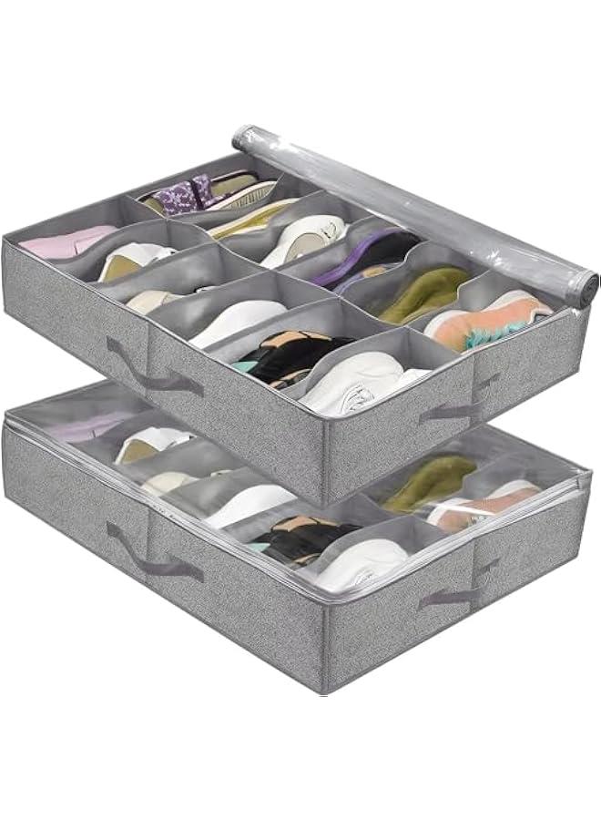 TRASSLE 2-pack Under Bed Shoe Storage Organizer,fits Total 20 Pairs,sturdy Underbed Shoe Container Box Storage With Clear Cover,shoes Organizer For Sneakers,high Heels,flip Flop (Linen ash)  - Image 1