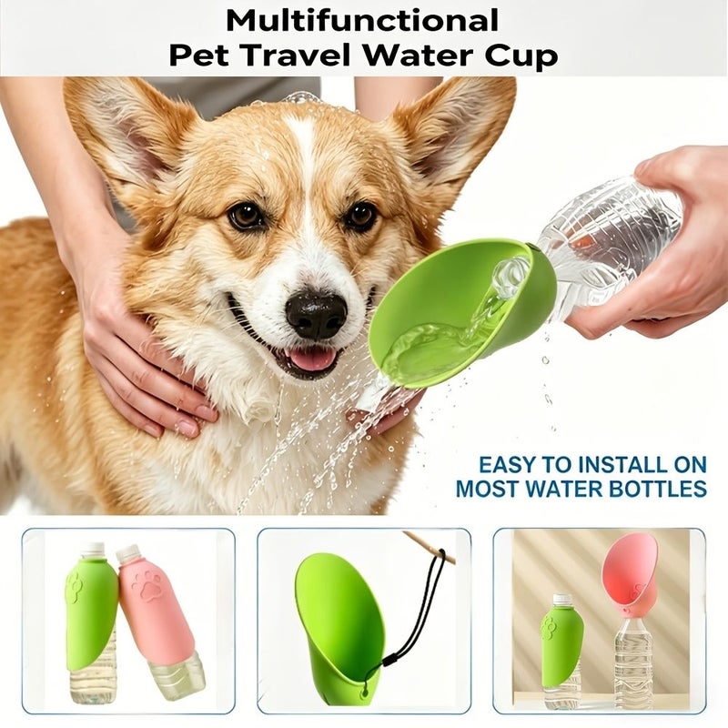 Green And Pink Portable Foldable Silicone Pet Water Bowl Adapter Leakproof Dog Water Cup For Outdoor Trips Fits Standard Mineral Water Bottles Food Grade Easy Clean Material Practical Present For Dog Cat Lovers - Image 1