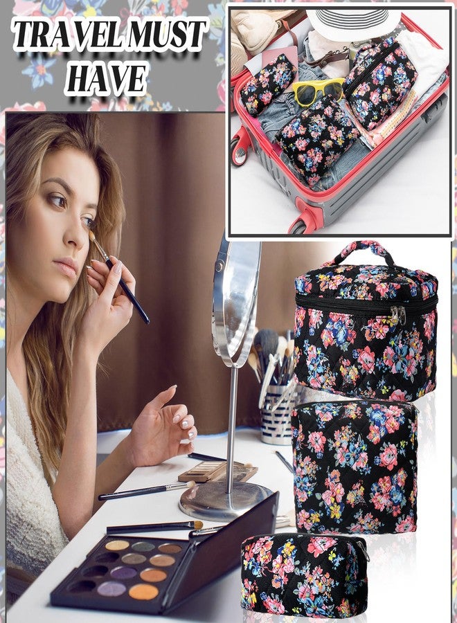 Funnymoom 3 Pcs Quilted Makeup Bags Large Floral Cosmetic Bag for Women Cotton Makeup Bag Set Travel Toiletry Bag Aesthetic Cute Cosmetic Pouch for Women Christmas Gifts Organizer Home Bathroom - Image 4