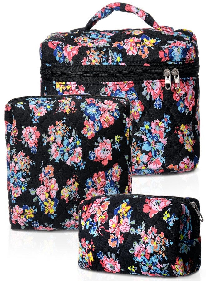 Funnymoom 3 Pcs Quilted Makeup Bags Large Floral Cosmetic Bag for Women Cotton Makeup Bag Set Travel Toiletry Bag Aesthetic Cute Cosmetic Pouch for Women Christmas Gifts Organizer Home Bathroom - Image 1