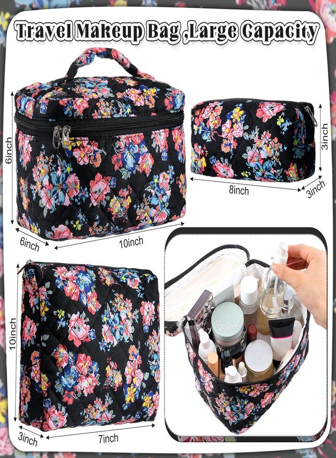 Funnymoom 3 Pcs Quilted Makeup Bags Large Floral Cosmetic Bag for Women Cotton Makeup Bag Set Travel Toiletry Bag Aesthetic Cute Cosmetic Pouch for Women Christmas Gifts Organizer Home Bathroom - Image 2