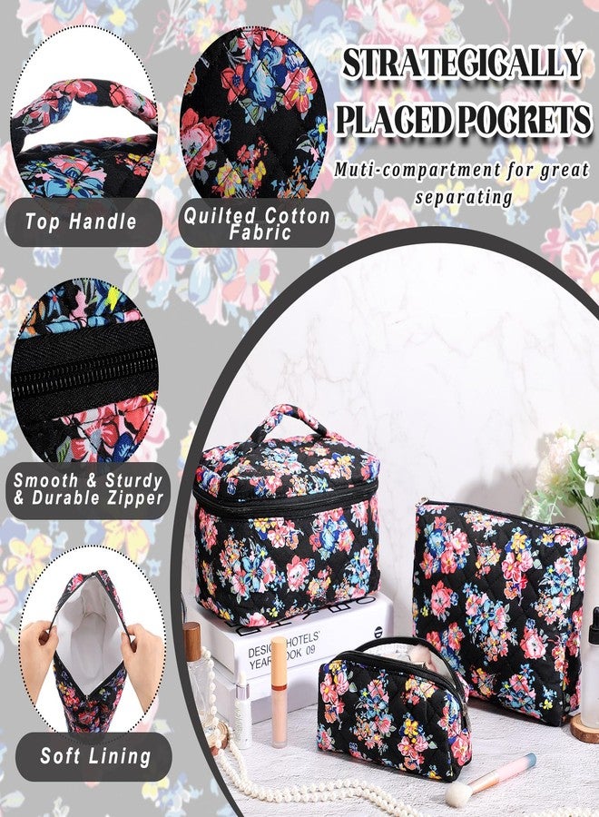 Funnymoom 3 Pcs Quilted Makeup Bags Large Floral Cosmetic Bag for Women Cotton Makeup Bag Set Travel Toiletry Bag Aesthetic Cute Cosmetic Pouch for Women Christmas Gifts Organizer Home Bathroom - Image 3