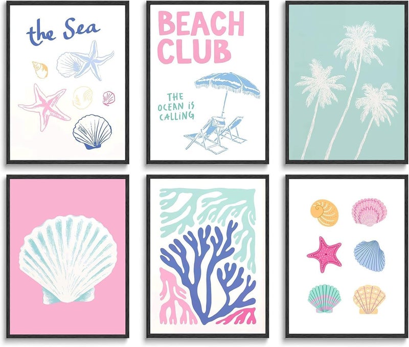 Wall Art Pink Summer Beach Girl Wall Decor Pictures the Sea Beach Club Shell Plant Starfish Laminated Poster Prints for Shoreside Themed Home Decoration Bathroom Room Decoration NO FRAME