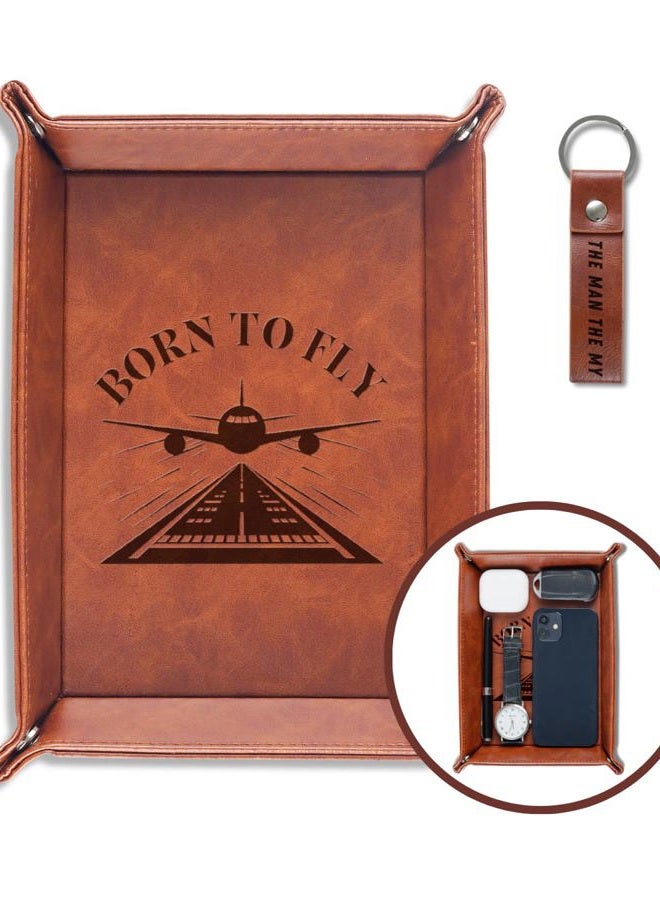 INNObeta Pilot Gifts Valet Tray for Male, Men, Aviation Gifts Desktop Storage Organizer PU Leather Bedside Tray Key Coin Holder for Birthday, Christmas - Born to Fly - Image 1