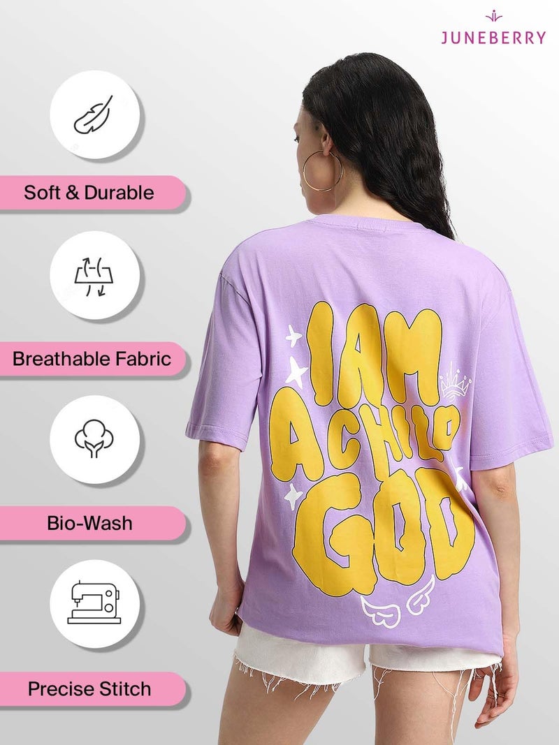 JUNEBERRY® Pure Cotton Round Neck Half Sleeve Oversized Baggy Fit Drop Shoulder Back Printed Purple T-Shirt for Women (OS_J_IMCHLDGD_LC_M) - Image 3