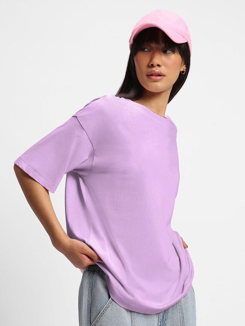 JUNEBERRY® Pure Cotton Round Neck Half Sleeve Oversized Baggy Fit Drop Shoulder Back Printed Purple T-Shirt for Women (OS_J_IMCHLDGD_LC_M) - Image 5