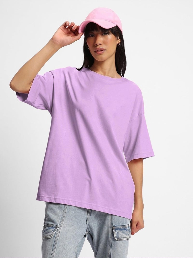 JUNEBERRY® Pure Cotton Round Neck Half Sleeve Oversized Baggy Fit Drop Shoulder Back Printed Purple T-Shirt for Women (OS_J_IMCHLDGD_LC_M) - Image 2