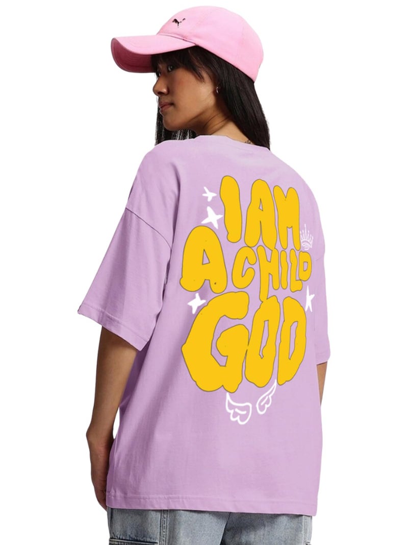 JUNEBERRY® Pure Cotton Round Neck Half Sleeve Oversized Baggy Fit Drop Shoulder Back Printed Purple T-Shirt for Women (OS_J_IMCHLDGD_LC_M) - Image 1