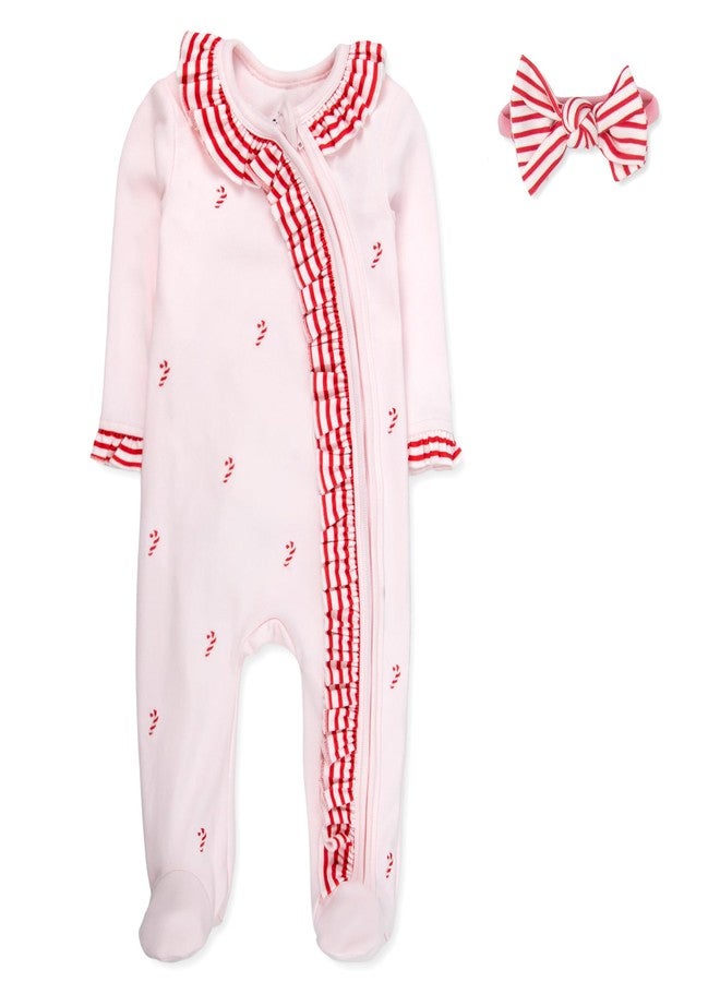 Baby Essentials Baby Girl Christmas 2-Piece Footie Bodysuit and Headband Set – Pink Holiday Sleeper with Candy Cane Stripes and Matching Bow Headband (9 months) - Image 1