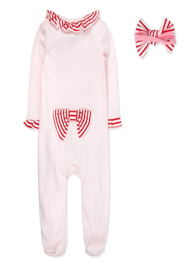 Baby Essentials Baby Girl Christmas 2-Piece Footie Bodysuit and Headband Set – Pink Holiday Sleeper with Candy Cane Stripes and Matching Bow Headband (9 months) - Image 2