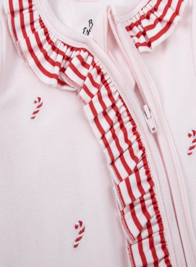 Baby Essentials Baby Girl Christmas 2-Piece Footie Bodysuit and Headband Set – Pink Holiday Sleeper with Candy Cane Stripes and Matching Bow Headband (9 months) - Image 3