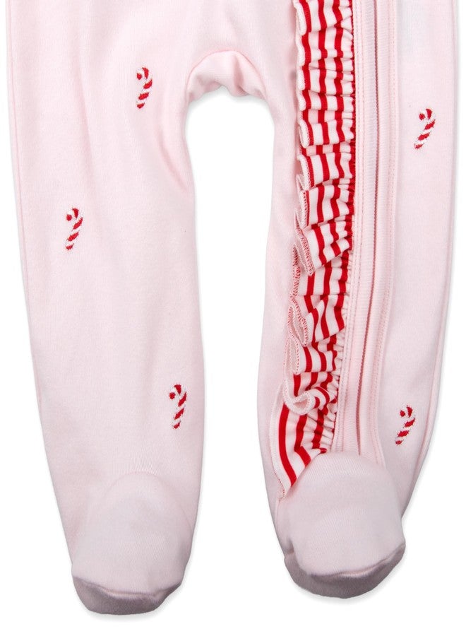 Baby Essentials Baby Girl Christmas 2-Piece Footie Bodysuit and Headband Set – Pink Holiday Sleeper with Candy Cane Stripes and Matching Bow Headband (9 months) - Image 4