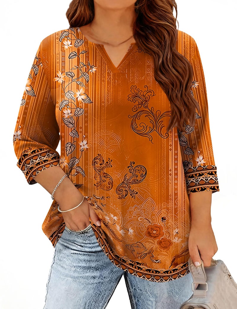 TFSDOD Womens Plus Size Tops 3/4 Sleeve Ladies Tops and Blouses Summer Shirts for Women V Neck Flowy Tunics 2026 Orange Floral XL - Image 1
