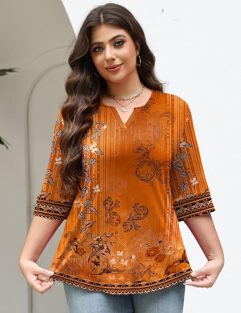 TFSDOD Womens Plus Size Tops 3/4 Sleeve Ladies Tops and Blouses Summer Shirts for Women V Neck Flowy Tunics 2026 Orange Floral XL - Image 4