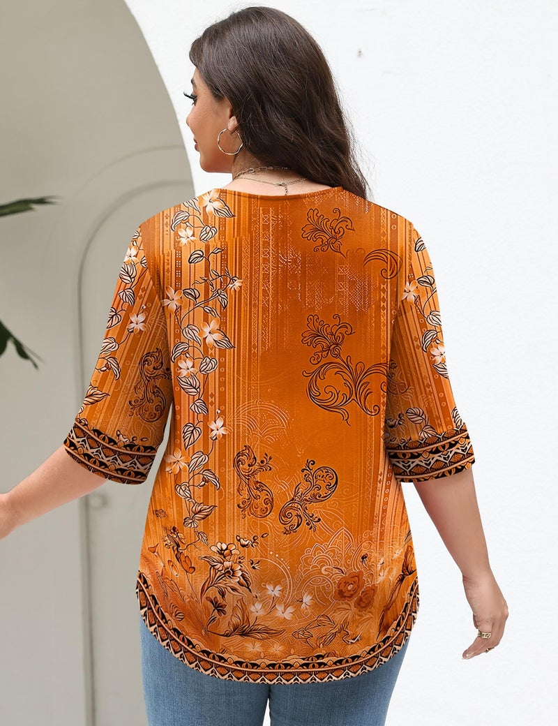 TFSDOD Womens Plus Size Tops 3/4 Sleeve Ladies Tops and Blouses Summer Shirts for Women V Neck Flowy Tunics 2026 Orange Floral XL - Image 3