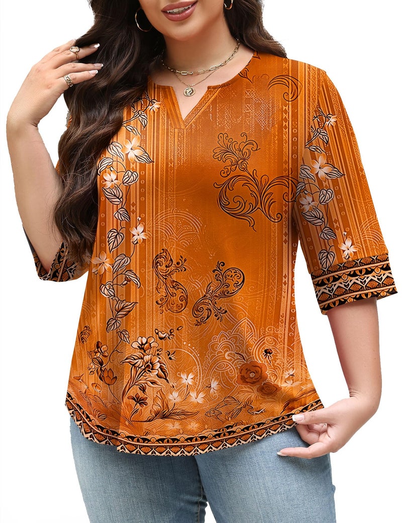 TFSDOD Womens Plus Size Tops 3/4 Sleeve Ladies Tops and Blouses Summer Shirts for Women V Neck Flowy Tunics 2026 Orange Floral XL - Image 2