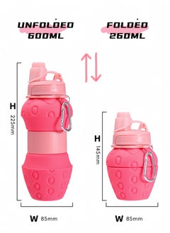 Generic Stylish Strawberry Shape Collapsible Water Bottle; Sports Water Bottle; BPA Free; Food Grade Silicone; Versatile 600ml and 260ml 2 in 1; Foldable Water Bottle; Portable Water Bottle for Gym, Camping, hiking, Outdoors Activity.; 160g Light Weight; Easily Cap Lock; Light Pink  - Image 2