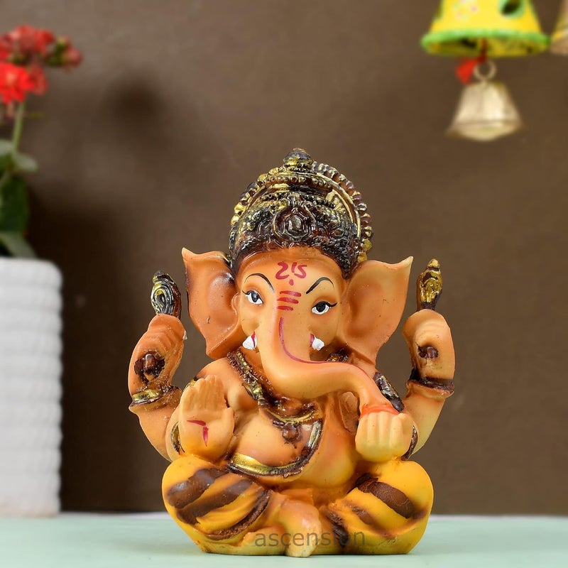 ascension Resin Handcrafted Ochre Hindu Lord Ganesha Ganpati Gajanand Idol Figurine Showpiece Sculpture for Car Dashboard Yellow - Image 1