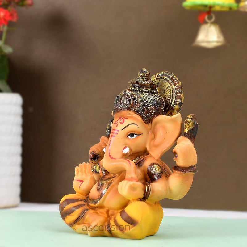 ascension Resin Handcrafted Ochre Hindu Lord Ganesha Ganpati Gajanand Idol Figurine Showpiece Sculpture for Car Dashboard Yellow - Image 3