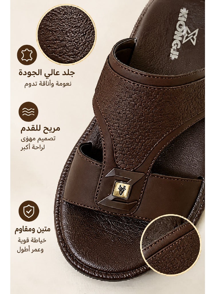 Amity Men's Genuine Leather Flat Flip Flops, Ornate Arabic Design Thong Sandals, Non-Slip - Image 5