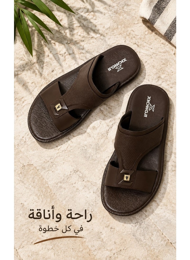 Amity Men's Genuine Leather Flat Flip Flops, Ornate Arabic Design Thong Sandals, Non-Slip - Image 3