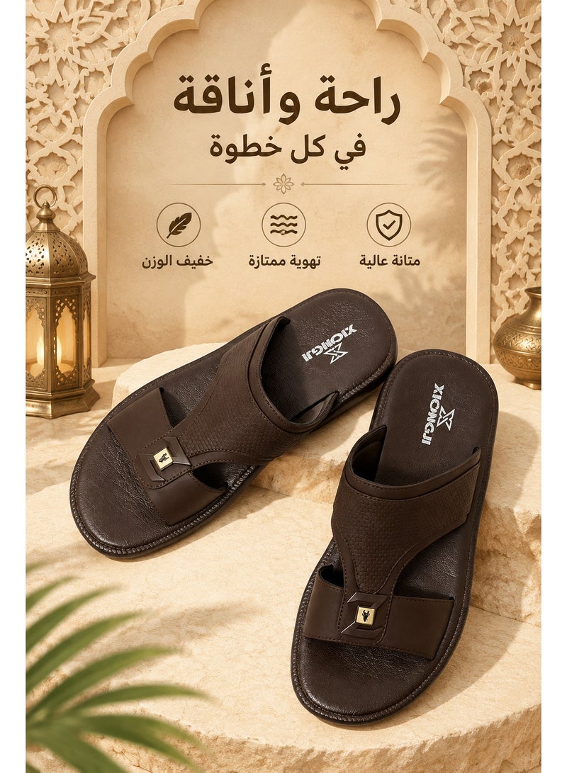 Amity Men's Genuine Leather Flat Flip Flops, Ornate Arabic Design Thong Sandals, Non-Slip - Image 4
