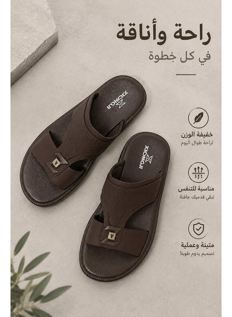 Amity Men's Genuine Leather Flat Flip Flops, Ornate Arabic Design Thong Sandals, Non-Slip - Image 2