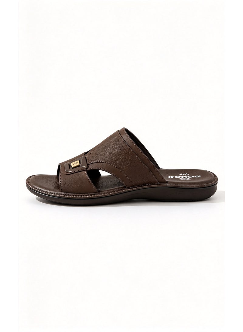 Amity Men's Genuine Leather Flat Flip Flops, Ornate Arabic Design Thong Sandals, Non-Slip - Image 1