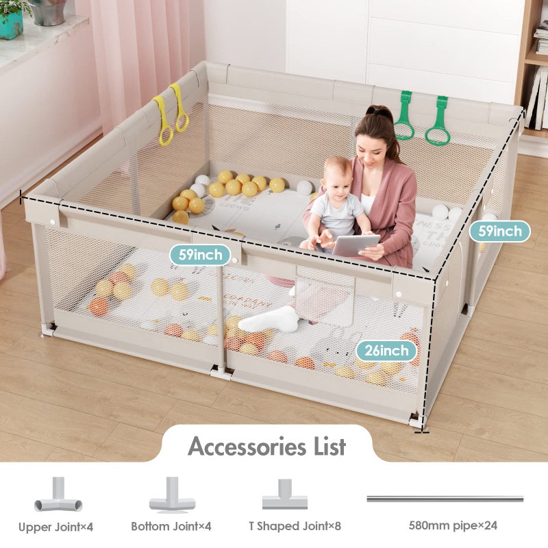 ZEEBABA Baby Playpen with Mat, 59x59 in Playpen for Babies and Toddlers, Play Pen for Kids, Play Yard for Infants with Gate - Image 2