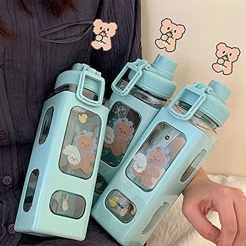 JQWSVE Kawaii Water Bottle With Straw And Sticker, Kawaii Bear Water Bottle, Large Sport Plastic Portable Square Drinking Bottle For Girl, Cute Juice Tea Water Cups, Blue, Pack Of 1, 24 ounce - Image 3