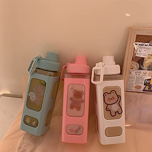 JQWSVE Kawaii Water Bottle With Straw And Sticker, Kawaii Bear Water Bottle, Large Sport Plastic Portable Square Drinking Bottle For Girl, Cute Juice Tea Water Cups, Blue, Pack Of 1, 24 ounce - Image 4
