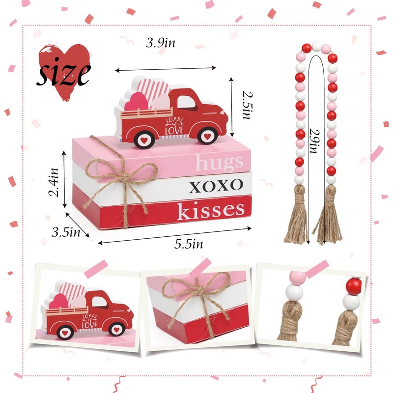 KORMMCO Valentines Day Tiered Tray Decor  Mini Wood Book Stack with Bead Garland for Valentine Decor  Hug XOXO Kiss Mini Faux Decorative Books Bundle  Farmhouse Decor for Table Mantle Shelves - Image 2