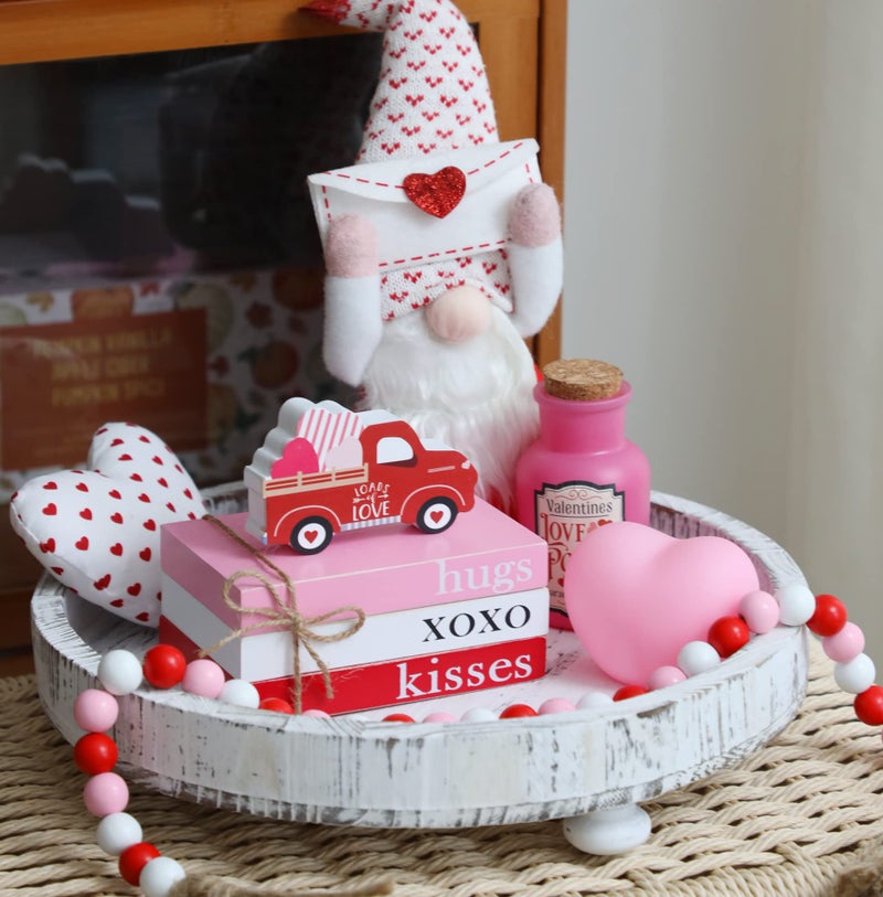 KORMMCO Valentines Day Tiered Tray Decor  Mini Wood Book Stack with Bead Garland for Valentine Decor  Hug XOXO Kiss Mini Faux Decorative Books Bundle  Farmhouse Decor for Table Mantle Shelves - Image 3