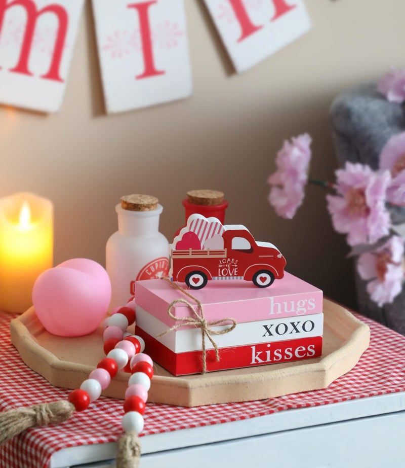 KORMMCO Valentines Day Tiered Tray Decor  Mini Wood Book Stack with Bead Garland for Valentine Decor  Hug XOXO Kiss Mini Faux Decorative Books Bundle  Farmhouse Decor for Table Mantle Shelves - Image 5