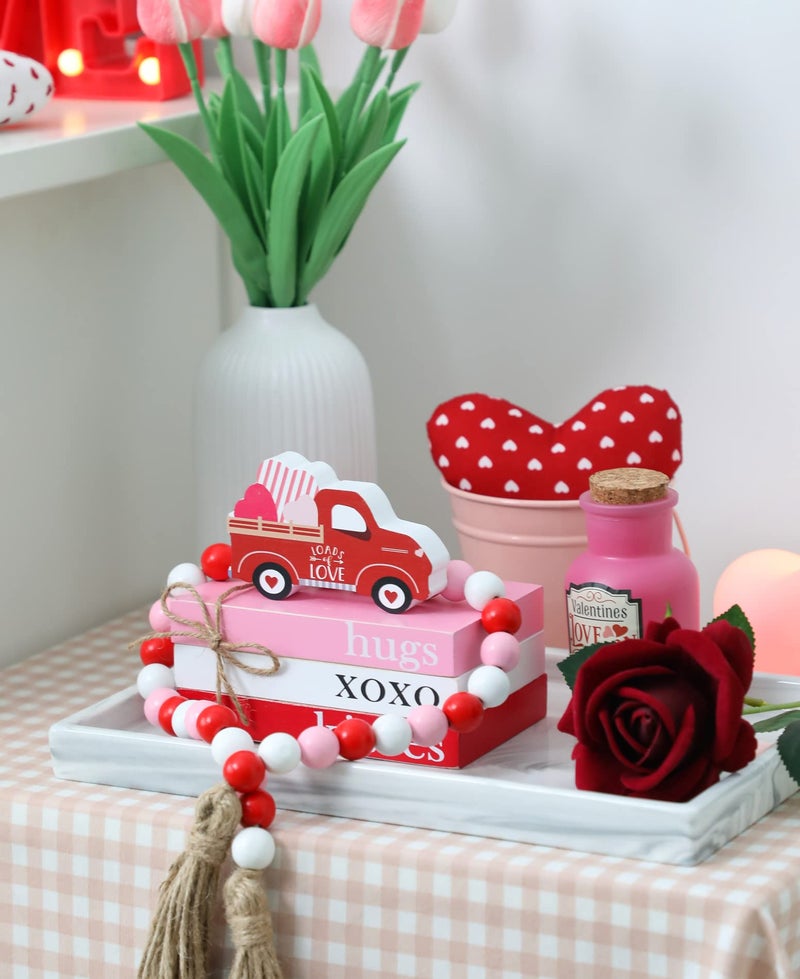 KORMMCO Valentines Day Tiered Tray Decor  Mini Wood Book Stack with Bead Garland for Valentine Decor  Hug XOXO Kiss Mini Faux Decorative Books Bundle  Farmhouse Decor for Table Mantle Shelves - Image 4