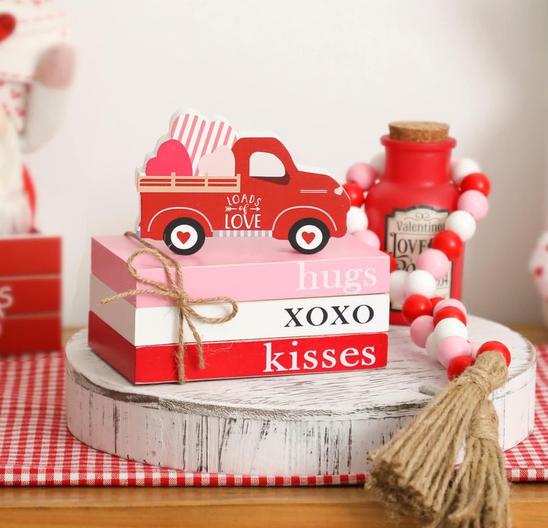 KORMMCO Valentines Day Tiered Tray Decor  Mini Wood Book Stack with Bead Garland for Valentine Decor  Hug XOXO Kiss Mini Faux Decorative Books Bundle  Farmhouse Decor for Table Mantle Shelves - Image 1