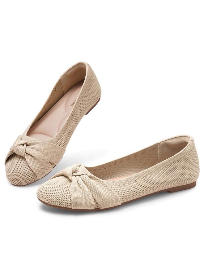 MaxMuxun Women's Flats Shoes Knit Round Toe Ballet Comfortable Dressy Slip On Flats, Beige, 11 - Image 1