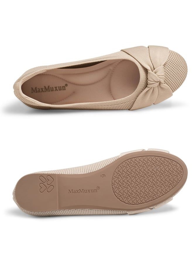 MaxMuxun Women's Flats Shoes Knit Round Toe Ballet Comfortable Dressy Slip On Flats, Beige, 11 - Image 4