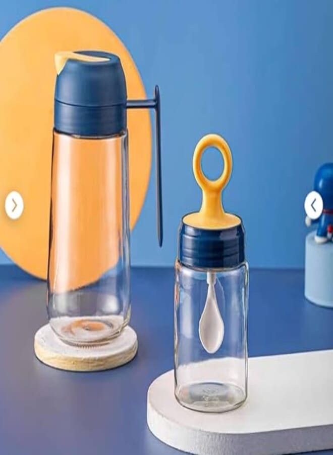 Generic Glass Oil and Sugar Dispenser Set with Ring Handle, Blue and Yellow Lids, Kitchen Storage Containers .#
