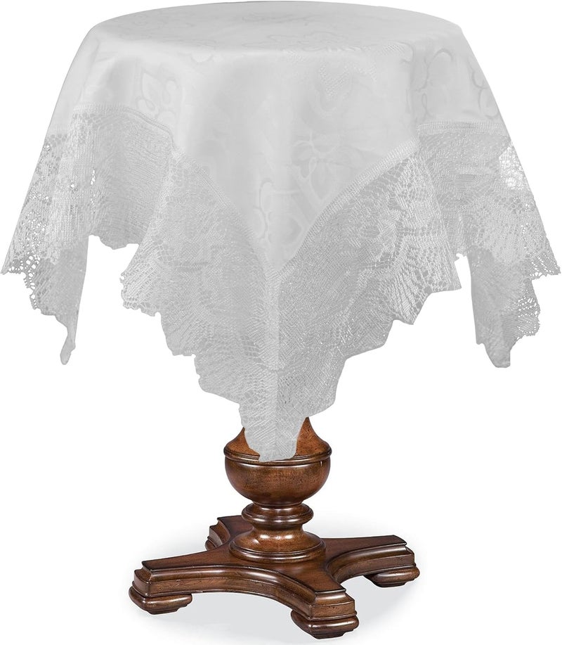 غطاء طاولة زخرفي مربع أبيض 36 من Champion Solid Lace Trim Pattern من قماش فويلت لينين مع حواف دانتيل