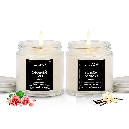 Aromahpure Scented Candles (55 Hours) (100% Soy Wax)- Handcrafted | Smoke-Free |Vanilla Fantasy -Vanilla, Charming Rose- Rose Candles for Home & Gift Sets.(Pack of 2), IFRA Certified - Image 1