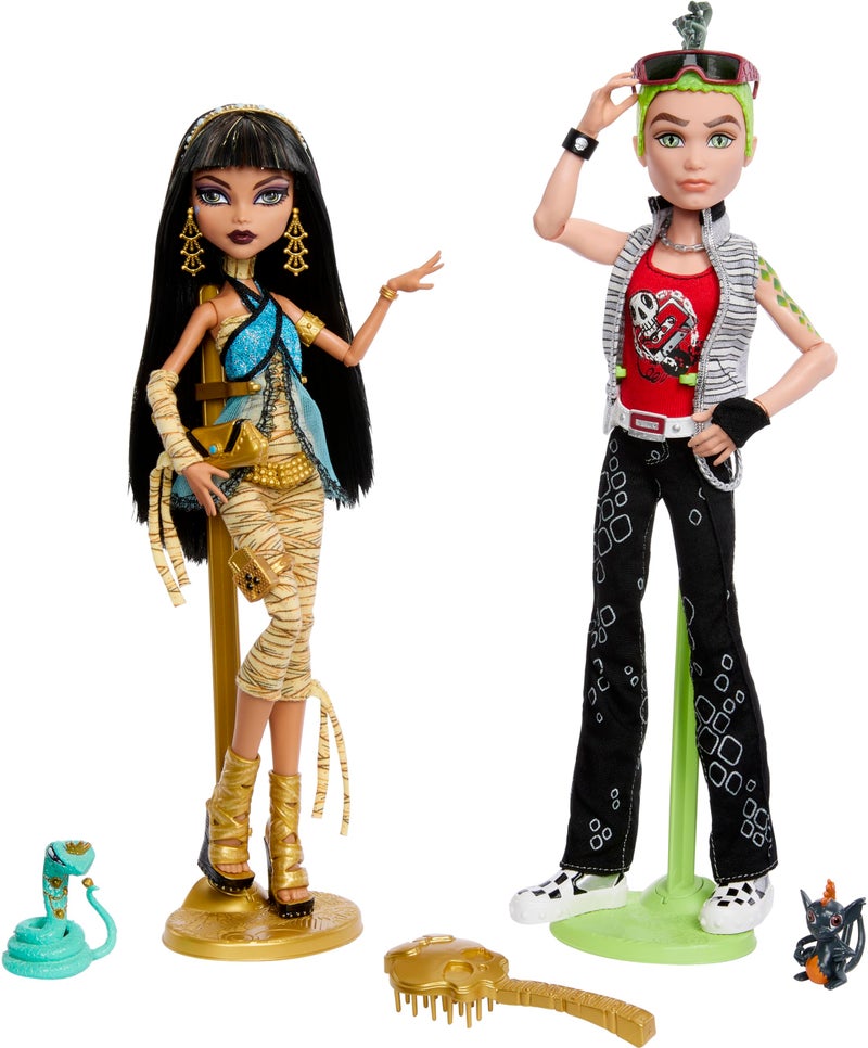 MONSTER HIGH دمى مونستر هاي بوريجنال كريبروكشن 2-باك، كليو دي نايل ودييوس غورغون، نسخ قابلة للجمع مع قواعد الدمى، يوميات وحيوانات أليفة - Image 1
