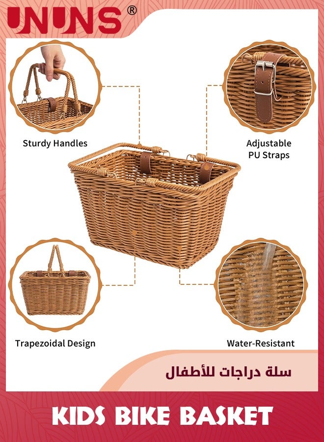 UNUNS Kids Bike Basket,Front Bicycle Bike Baskets For Kids,Small Wicker Bike Basket For Boys and Girls,Toddler Scooter Handlebar Basket,25x19cm,Brown - Image 4