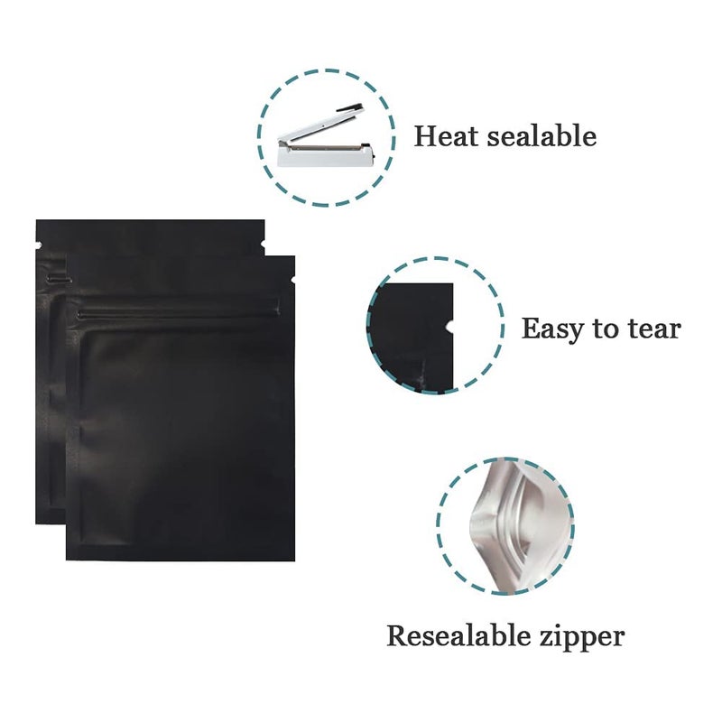 FERENLI 100 Pcs Mylar Zipper Lock Bag Food Storage Matte Foil Airtight Bags with Front Window Plastic Candy Packaging Pouch for Zip Flat Heat Seal Lock Resealable (7.5x10cm (3x3.9 inch), Black) - Image 3