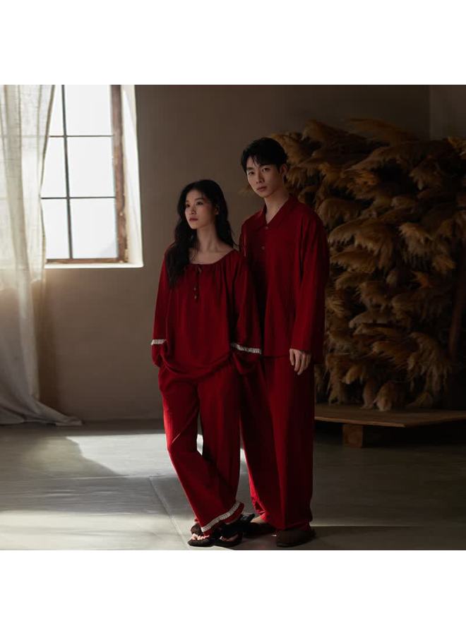 Shaqian Year Of The Horse New Couple Pajamas Bubble Cotton Red Spring Autumn Women's Newlywed Marriage Zodiac Homewear Set - Image 1